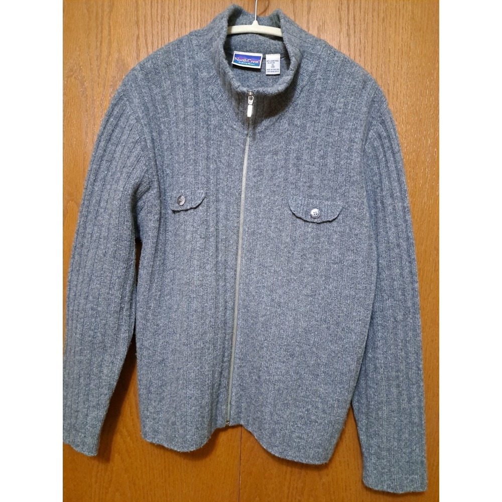 North Crest Men's Grey Ribbed Knit Full Zip Wock Neck Wool Cardigan Sweater XL